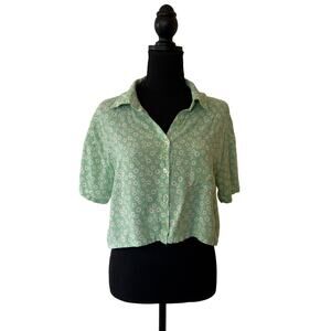 Self Esteem Women’s XL Green Daisy Button-Up Crop Top Short Sleeve Blouse